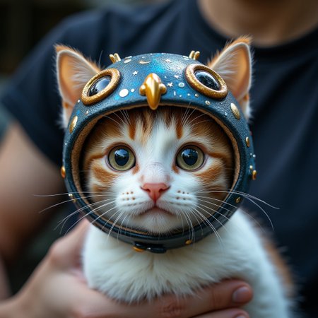 A hyper-realistic,professional photo of an hyper-realistic A cat wearing a painted owl helmet, the owl helmet is painted with a starry night sky and moon. The cat is looking at the camera with big, curious eyes. The cat is white with brown and orange patches. The cat is being held by a person's hand. The background is blurred. Photorealistic, cinematic..aidmaMJ6.1