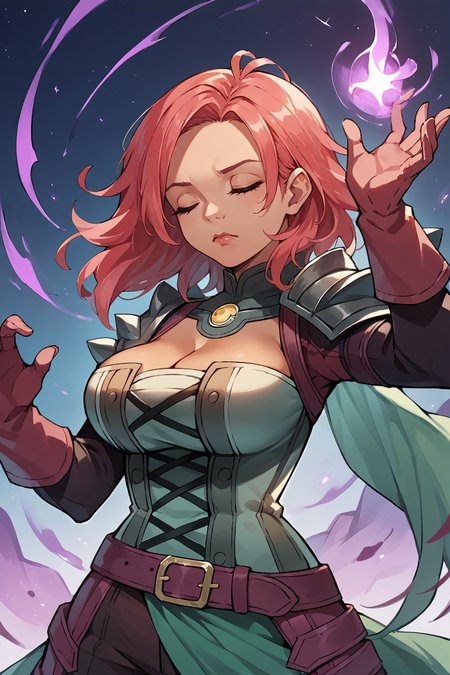 score_9, score_8_up, score_7_up, score_6_up, source_anime BREAK 1girl <lora:hapi-pdxl-nvwls-v1-000005:1> hopesHapi, dark skin, armor, cleavage, corset, belt, red gloves, pants, green boots, large breasts, closed eyes, purple magic, magic, night sky, swirling magic, outstretched hands