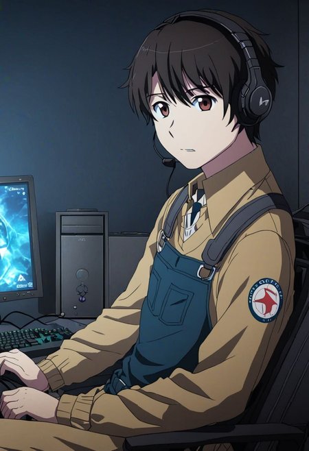 high resolution, solo, best quality, 1Boy, Inaho Kaizuka, Black Hair, Brown Eyes, gamer, bedroom, night, pc, sit, headset, potrait, OverallDetail