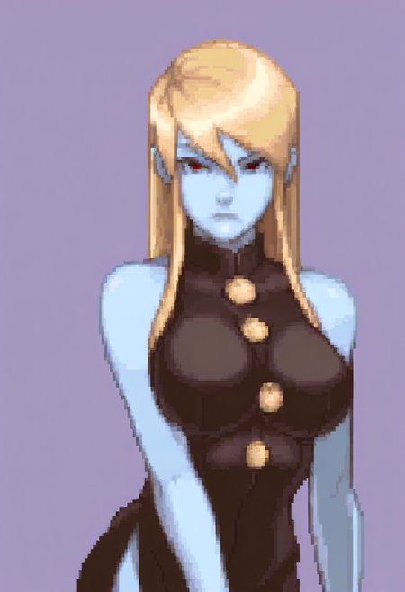 masterpiece, best quality, solo, looking at viewer, 1girl, <lora:Ace-Attorney-Portraits-illus_Fp:1>, portrait, upper body, pixel art, simple background, <lora:Jedah-illus_Fp:1>, jedahmb, blue skin, red eyes, blonde hair, long hair, black dress, sleeveless, collared dress, large breasts, side slit,