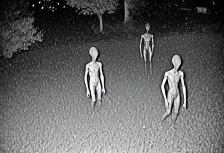 aliencctvlora, black and white nighttime cctv footage of two thin gray aliens skulking around the backyard of a suburban home, thin bodies, bulbous heads, tall, long thin arms, thin fingers, long thin necks, big black eyes, realistic, grainy cctv, dark footage, olddigitalcamera, raw, light leak, film grain, jpeg artifacts, low res, low quality