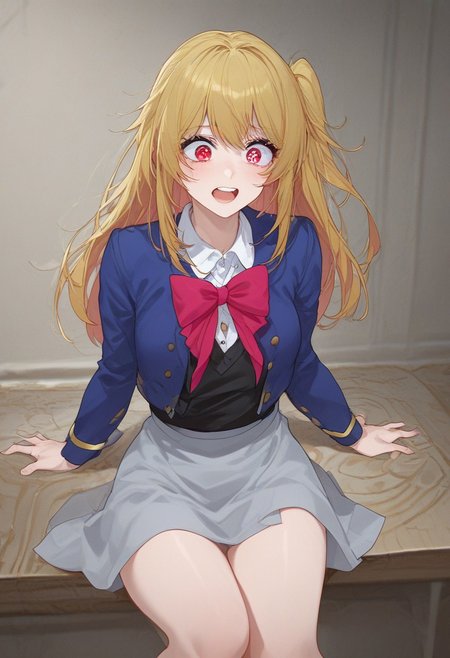 Score_9, score_8_up, score_7_up, masterpiece, highres, best quality, high quality, highly detailed, upscale, clear image, sharp image, sharp focus, sharp lines, high definition, source_cartoon, source_anime, 1girl, solo, perfect anatomy, clear face, highres face, highres eyes, medium breasts, <lora:brj-ruby-pony-v0.5:0.85>, hoshino ruby, blonde hair, long hair, one side up, red eyes, mismatched pupils, star-shaped pupils, school uniform, red bow, grey skirt, legs, hips, shocked