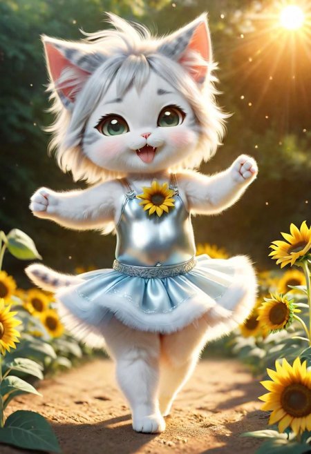 ral-fluff,<lora:ral-fluff:1>,
chibi,masterpiece,best quality,original,official art,silver metallic savanna cat, tutu,flower,blurry background,rendering,beautiful detailed glow,(detailed ice),beautiful detailed sun,sunny, blurred flower, happy, many little sunflower