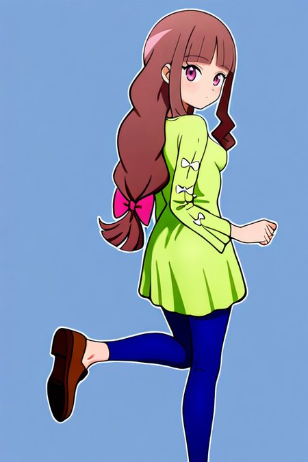 masterpiece, High quality, Ultra detailed, 2d, newest, absurdres, highres, BREAK
1girl, solo, <lora:tsukiyono_ruli:0.8>, ruli_tsukiyono,  long hair, low-tied long hair, blunt bangs, brown hair, purple eyes, 
medium breasts, ruliSk, long sleeves, green dress, blue Leggings, shoes, brown footwear,