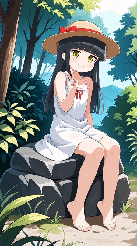 masterpiece, best quality, amazing quality, very aesthetic,  absurdres, best quality, 4k, upscale, outdoors, nature, landscape, sitting on a boulder, bare foot, flat chest, 1girl, solo, ribbon, bare shoulders, red ribbon, hair ribbon, v, hat, sundress, white dress, bare shoulders,  1girl, solo, long hair, black hair, bangs, jewelry, yellow eyes, blush, looking at viewer, blunt bangs, smile,    <lora:Sholico_Magi_Fanta_G_Style:1>
