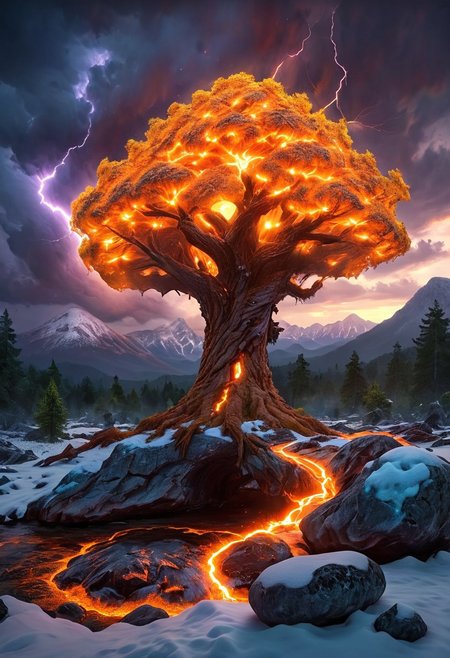 (by Ellen Jewett:1.5), (Fiery orange Bioluminescent Impressionism with lightning, mountain landscape, The Dreamland, Gibson Great  Mountains, rock, sky, giant tree, great grand tree on mountains, great fire, great lightning, scenery, great great magical tree, sunset, sunrise , stream, lightining, snow and ice, ethereal landscapes, depth of field, biotech emotion:1.3) <lora:xl_more_art-full_v1:0.5> <lora:add-detail-xl:1> , ral-wlfnte <lora:RMSDXL_Creative:2>