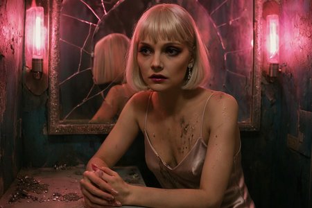 cinematic still, Elvira Hancock, platinum blonde bob softly glowing in flickering pink vanity light, seated at a fractured mirror with fading lipstick and trembling hands, in a champagne silk slip dress now tinged with ash, gazing directly at the camera with hollowed elegance, tight close-up, eye-level angle, hell’s nightclub powder room turned shrine of rot and rhinestones, mood of withered perfection and fragile poise, hot pink and pale lavender light pulsing from cracked bulbs, color theme of scorched ivory, neon blush, and decayed silver, style inspired by The Neon Demon
