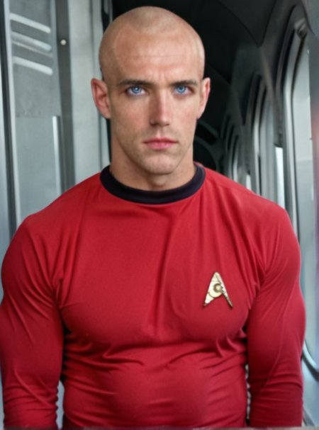 1boy, 20 year old male, Handsome, masculine, blonde, star trek, red shirt, muscle,  tall, tight shirt, wide pectorals, big shoulders, wide shoulders, muscular neck, German, bald, big pale blue eyes,

stunf, star trek uniform,