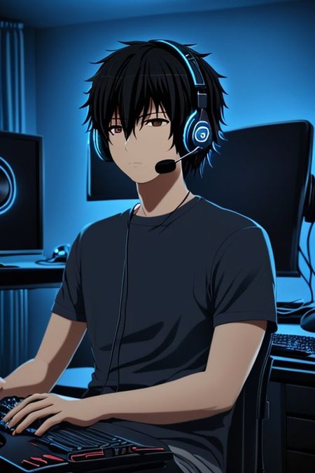 high resolution, solo, best quality, 1Boy, Seiya Kanie, portraits, black hair, short hair, thin, gamer, bedroom, night, pc, sit, headset, portraits, OverallDetail