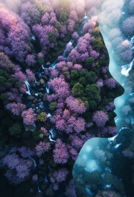zavy-rlvw, woman face and breast silhouette that is actually Aerial view of beautiful landscape and waterfalls, surounded by a forest with pink and violet leaves and red waterways  <lora:FLUX\zavy-rlvw_zavy-areal-view>