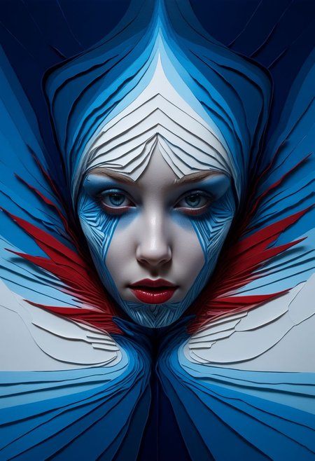 layered papercut, mysterious face, an exotic girl in artsy clothing, fading backlit background, (deep sea fading white to deep blue/red), alluring goddess, by Minjae Lee, Carne Griffiths, Emily Kell, Steve McCurry, Geoffroy Thoorens, Aaron Horkey, Jordan Grimmer, Greg Rutkowski, amazing depth, double exposure, surreal, geometric patterns, intricately detailed, bokeh,  perfect balanced, deep fine borders, artistic photorealism , smooth,  great masterwork by Suiras  <lora:add-detail-xl:2>  <lora:Double_Exposure:0.5>