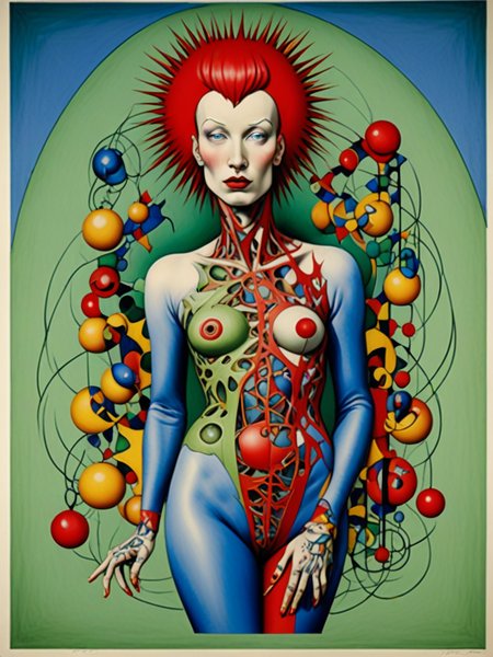 a tattooed female figure. depict deconstruction, Capture a sense of Absurd &Energetic beauty, dadaism by Rudolf Schlichter,Hans Bellmer,Christian Schad, Quinacridone-Blue,Cadmium-Red-Deep,Cadmium-Barium-Green-Medium,Cadmium-Red,Quinacridone-Violet-Blue,<lora:DeconDada:2>