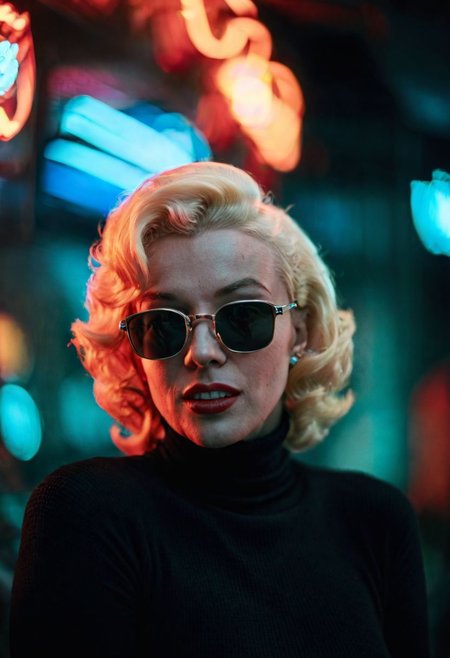 cinematic photo, neon lights, closeup portrait photo of Marylin Monroe in her 20s wearing a (black turtleneck:1.2) and sunglasses, highly detailed, depth of field, (blurry background:1.2), fflix-npt
