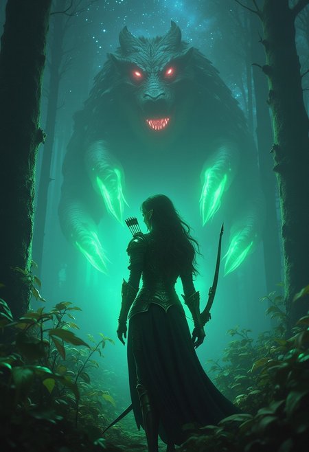 This high-resolution, fantasy-themed photograph captures an elf warrior standing tall in the center of an enchanted forest. The focus is on her intricate armor and glowing green bow, which illuminates her fierce expression. Her long hair flows in the mystical wind. In the background, a gigantic, translucent dragon with seven luminescent heads is seen emerging from the trees, its dark-red, blood-like essence glowing faintly. The forest is alive with bioluminescent plants and the Milky Way shining overhead. The scene is shot from a medium close-up, highlighting the elf’s readiness and bravery. Atmospheric haze, film grain, and a shallow depth of field create a magical, high-budget cinematic quality.