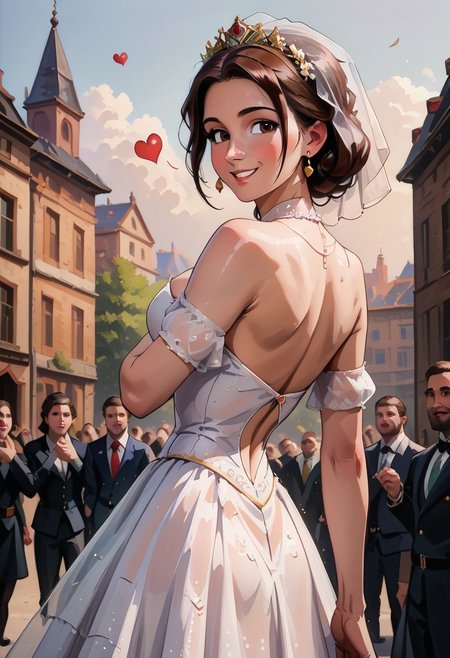 score_9, score_8_up, score_7_up, 1girl, beautiful young woman, sexy wedding dress, looking back at viewer, large sideboob, happy expression, motion lines, red hearts, masterpiece, cinematic light, painterly, faux traditional media, realistic,  standing small crowd, dancing woman, Ballroom,