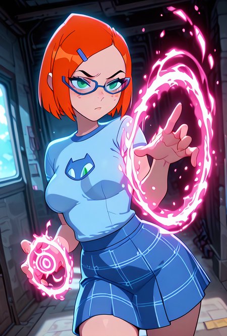<lora:gwennerd-10:1> gwennerd, 1girl, solo, medium breasts, glasses, orange hair, short hair, hairclip, blue-framed eyewear, blue shirt, shirt over skirt, t-shirt, short sleeves, freckles, blue skirt, plaid skirt, green eyes, big mouth,  <lora:WeaponSpellBindIL:1> spell bind, pink powers, masterpiece, best quality, amazing quality, very aesthetic, absurdres, newest,