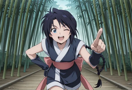 anime screencap, anime screenshot, anime coloring, 1girl, long hair, black hair, blue eyes, braid, ninja, sleeveless, obi, ribbon, shorts, arm warmers, leg wrap, tabi, sandals, hand on own hip, pointing at viewer, smile, wink, open mouth, cowboy shot, outdoors, bamboo forest   <lora:miaso_illus:1>, masterpiece, best quality, amazing quality, very aesthetic, absurdres, highres, newest