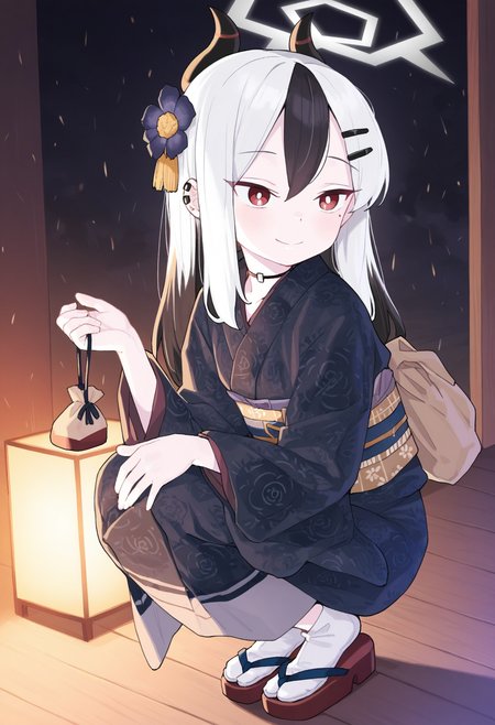 masterpiece,best quality,amazing quality,
1girl, kayoko (blue archive), white hair, multicolored hair, japanese clothes, sash, kimono, horns, obi, red eyes, squatting, halo, black hair, solo, smile, hairclip, piercing, ear piercing, long hair, two-tone hair, hair ornament, choker, mole, wide sleeves, kinchaku, earclip, holding, bangs, long sleeves, closed mouth, official alternate costume, bag, pouch, sandals, tabi,
<lora:Henrybird:1>