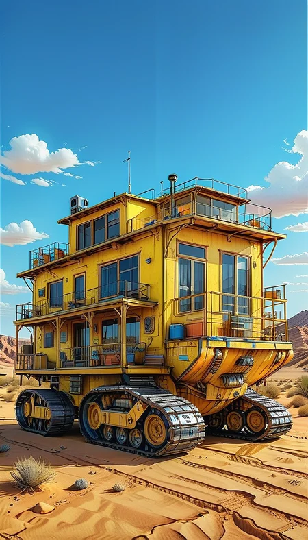 (cel-shading:2)+, (in ARTIST style:1.6), (masterpiece:1.7),  night, glow neon,
(sky, no humans, day, cloud, blue sky, outdoors, desert, vehicle focus, scenery, sand, ground vehicle, window, Tracked Vehicle, Traction City, yellow paint, house)
night, glow neon,
(masterpiece:1.8), (highest detailed:1.8), perfectly lighted, (contrast), (saturated), (((sharp focus))),
(hyperdetailed:1.3), (intricate details:1.2), (Refined details:1.3), (best quality:1.5), highly detailed textures, vibrant colors,
(ultra sharp focus:1.8), (detailed texture:1.8), (detailed edges:1.8), (thin lines:1.8), (best quality:1.8),
<lora:Apparatus_-_Traction_City_Walkers_Vehicles:0.8>,