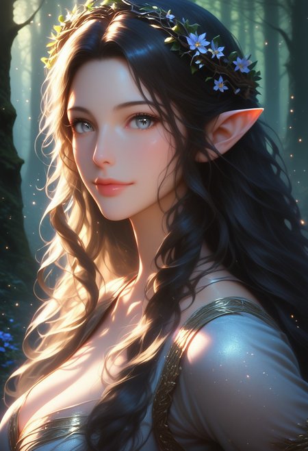 (score_9, score_8_up, score_7_up), 1girl, MILF, solo, gorgeous girl, detailed face, kawai girl, Expressiveh, <lora:add-detail-xl:1>, cute face, cute girl, Curvaceous Physique, easynegative, forest,tall trees, fog,  enchanted forest,  perfect quality, high quality, ambient occlusion, raytracing, source_anime, shining glossy skin, soft lighting, realistic skin, blum effect, masterpiece, absolutely eye-catching, 
 Lúthien, (masterpiece), best quality, expressive eyes, perfect face, black hair,  ((pointy ears:0.6)), perfect eyes, ((grey eyes)), silhouette, light particles, view from side, long flowing hair, ((Lord of the Rings elven dress intricate)), simple medival dress, linen dress, flower crown, steam, fog,