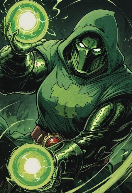 813nm0hstyle,   masterpiece, best quality, solo,                                                                                                                                                                                                                                                  Doctor Doom, green hood, metal mask, holding green energy ball,