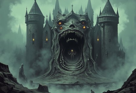 Ilustration in DarkestDungeon style  of ruined castle placed on the island that is floating in the air above the mountains covered in Creeping Fog.
The castle is overgown with shapeless flesh growin in random part of the castle, the flesh on castle walls is also covered in eyes, eyes on the fleshy parts of castle are empy, black and have no pupil or iris, just pure black sclera. 
In the castle windows there are diffrent set of eyes, massive glowing yellow ones with red glowing pupils.
The castle gate is a gianting gaping mouth filled with multiple ets of teeths.
the ground around the castle is filled with old bones, and fleshy tentacles.