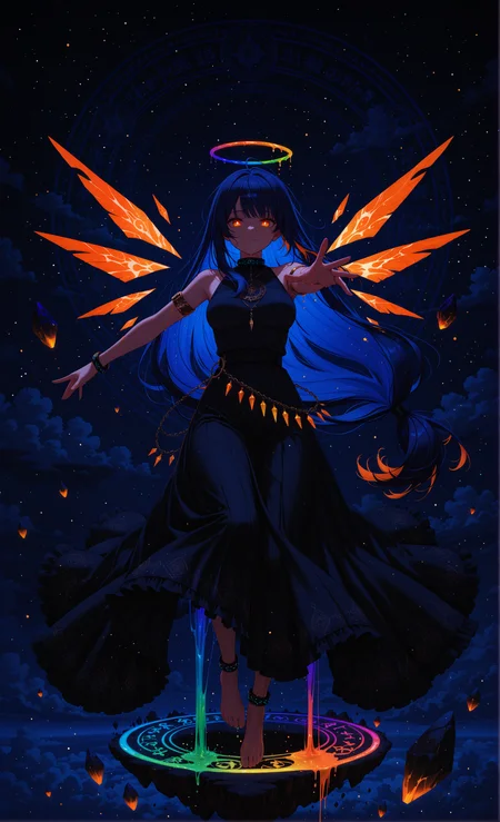 masterpiece, high quality, sharp detail, intricate detail, detailed hair, 1girl,  dark blue hair, orange tips, vivid orange eyes, white pupils, looking at viewer, glowing eyes, soft smile, low-tied long hair, glowing halo of rainbow light, rainbow halo, glowing inner hair, long skirt, barefoot, armlet, anklet,  (rainbow liquid, dripping rainbow liquid from arm, rainbow liquid on clothes), outstretched arm to viewer, casting spell, rainbow magic circle, casting spell to viewer,   detached wings, orange crystal wings, medium breasts, arknights style, floating island, floating stones, levitation, flying, gradient background, in the sky, above sky, clouds, backlighting,  chiaroscuro, volumetric lighting, dappled light, dramatic shadows, cinematic lighting, detailed background, light and shadow contrast, dark,  <lora:illustriousXL_stabilizer_v1.72:0.3> <lora:MeMax5-noob-vpred:0.5>, <lora:r-hrtdrp:0.6> <lora:darkness_xl_v20:0.6> <lora:NOOBVP1_spirals_of_light_prod_v1:0.6>