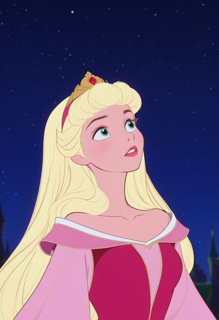 Disney Anime,  majestic SleepingBeauty, Aurora, original style,, night time, looking up, looking the stars, dreamy, thoughtful