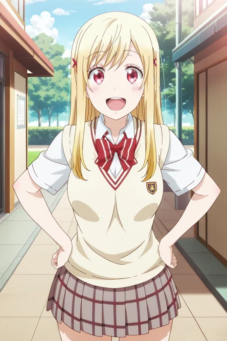 anime screenshot, 1girl, solo, shiraishi urara, blonde hair, long hair, x hair ornament, red eyes, large breasts, school uniform, white shirt, collared shirt, short sleeves, yellow sweater vest, red bowtie, striped bowtie, grey skirt, plaid skirt, pleated skirt, looking at viewer, smile, open mouth, hands on own hips, cowboy shot, outdoors, masterpiece, best quality, high quality, highres, absurdres,  <lora:shiraishi_urara_ILXL:0.9>