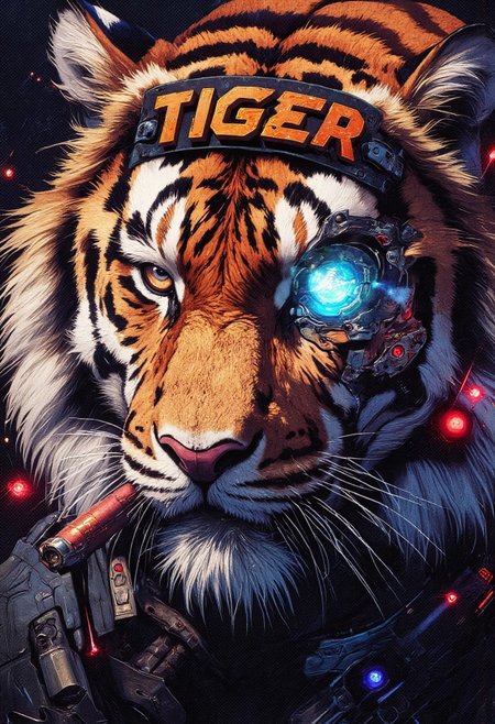 ((A close-up portrait)) 
A stylized digital illustration of a fierce tiger close up portrait with an intense expression. The tiger wears a black headband with the word "TIGER" written in bold orange letters. It has piercing blue eyes, and a cybernetic enhancement over one eye. The tiger is smoking a thick cigar, with smoke curling upwards, and the cigar's tip glowing red-hot. The background is dark, textured black, which makes the vibrant orange and white fur stand out. The overall style is bold, modern, and slightly futuristic, with sharp lines and high contrast., 
(Cyberpunk realism, Biomechanical details) (Dynamic lighting with neon highlights) (((glowing circuits, metallic implants)))