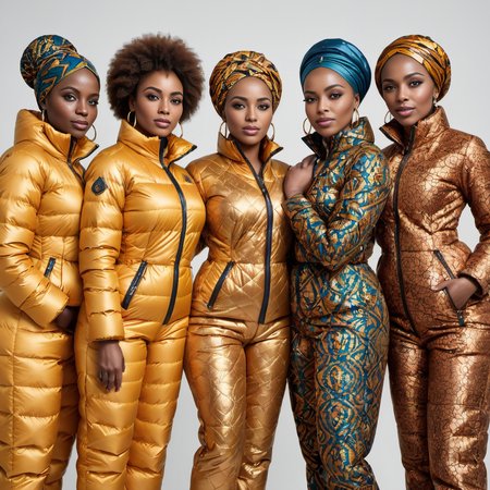 group of african middle aged women wearing aMoroccan motifs    downsuit puffer_downsuit , hyperdetailed photography,4k textures,intricate details,4k resolution,  <lora:puffer_downsuit_v1:0.8>