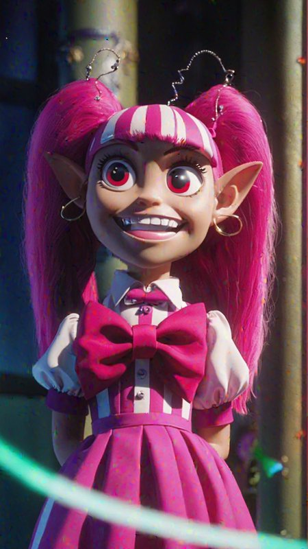 spooky gothic architecture, demon realm, BREAK, <lora:WelcometoDemonSchoolIruma-kun_V1_SDXL:1>, 1girl, professional photograph of Bachiko,  bow, bowtie, dress, earrings, full body, grin, hand on hip, jewelry, long hair, looking at viewer, pink bow, pink bowtie, pink dress, pink eyes, pink footwear, pink hair, pointy ears, puffy sleeves, sharp teeth, shoes, short sleeves, smile, solo, standing, straight-on, striped, striped legwear, teeth, twintails, BREAK, facing viewer, cinematic composition, Unreal Engine 5, Hyper realism, Hyper detailed, Raytraced, Dynamic Lights and Shadows, Depth, Masterpiece, Award Winning, Intricate Detail, Design, 8k, UHD, Wide Angle Shot, BREAK, Hyper realistic, Volumetric Lighting, surreal lighting, Subsurface Scattering, Photorealistic, best quality, intricate details, tonemapping, sharp focus, hyper detailed, absurdres, highres, magazine photoshoot, BREAK, (((professional wide angle full body photograph))), vivid Colors, <lora:detailed_hands-000002:0.7>,