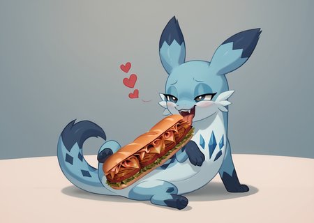 score_9, score_8_up, score_7_up, score_6_up, score_5_up, score_4_up, feral chillet licking a sandwich, tongue, freshcock, eatfresh, behaving like a cat, blue body, full body, show accurate, cute, dark blue diamond chest markings, resourceful, bedroom eyes, transparent background, dazzling<lora:chillet-v3e10:1>,<lora:EatfreshPDXL:1>