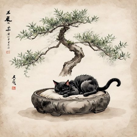 <lora:Ath_ink-painting_XL:1>,ink-painting,ink anf wash,painting \(medium\),traditionalmedia,watercolor\(medium\),A bonsai like tree with a cat sleeping under it,<lora:ParchartXL-2.0:0.8>, on parchment,, (masterpiece, best quality, high quality, highres, ultra-detailed),