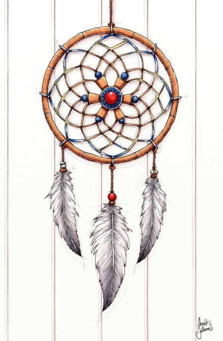 Sharp image of a rough sketch, rendered in vibrant multi colour ballpoint pen, capturing the adorable features of a dreamcatcher hanging on a white wooden wall. The dream catcher is made of a circular wooden frame with a white and brown color scheme. It has multiple layers of intricate patterns and designs, including circles, squares, and triangles. The center of the dream catcher has a red and blue bead in the center, surrounded by white and gray feathers. The feathers are arranged in a circular pattern, with some overlapping each other. The overall effect is a beautiful and intricate piece of art that is sure to add a touch of whimsy to any room.  p3nsk, <lora:p3nsk:1>