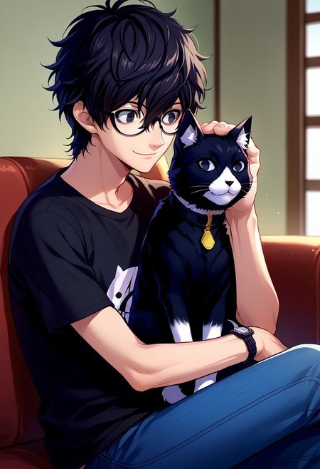 score_9, score_7_up, source_anime 

renpers, 1boy, male focus, solo, black eyes, black hair, hair between eyes, glasses, short hair, black shirt, t-shirt, wristwatch, jeans, morgana (cat), black cat, cat, animal, smile, 

indoor, sit, animal on lap. petting,