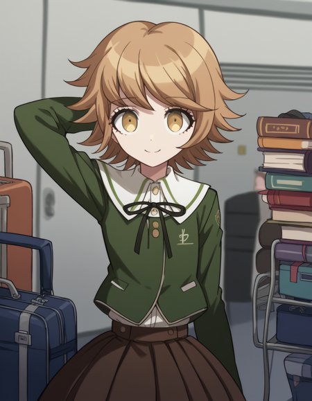 score_9, score_8_up, score_7_up, source_anime, <lora:chihiro-fujisaki-s1-ponyxl-lora-nochekaiser:1>, chihiro fujisaki, short hair, bangs, brown hair, brown eyes, male focus, otoko no ko,, skirt, shirt, long sleeves, ribbon, school uniform, jacket, pleated skirt, black ribbon, neck ribbon, brown skirt, green jacket,, airport, waiting area, suitcase, flight delayed, passengers, reading book, smile, , hand behind head, solo,, cowboy shot, dutch angle