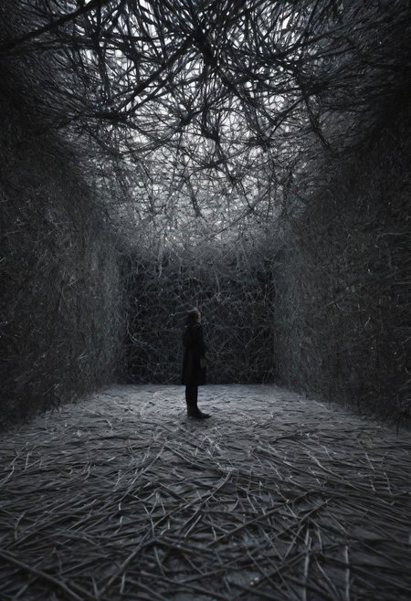 Chiharu Shiota,art installation, expressive, hyper detailed,intricate,poster,artstation, dark grey/black background, bright highlights and light source