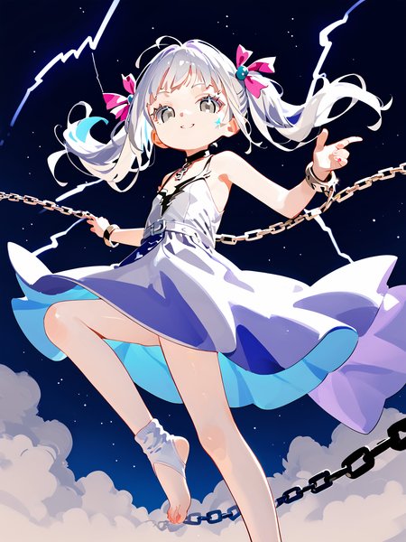 score_9,score_8_up,score_7_up,solo,(anime),(full body:0.9),from below,standing,pose,leg up,masterpiece,very aesthetic,seductive,looking at viewer,small breasts,aesthetic,pastel colors,outdoors,(fantasy),colored inner hair,absurdres,incredibly absurdres,pale skin,anime style,key visual,seductive,floating hair,choker,star \(symbol\),perfect legs,skin tight,close up,socks,little_girl,barefoot,petite,child,dynamic_angle,depth of field,long dress,beckoning,white hair,grey eyes,white dress,pyrokinesis,seductive_smile,<lora:jinshi_wuwa_pdxl_goofy:0.7>,<lora:fangdongye_v3.0:0.7>,twintails,very long hair,hair_bobbles,(detailed light), ((lightning in hand)),lightning surrounds,(((lightning chain))),(bare shoulders:1.2),