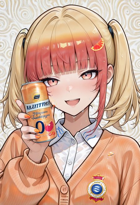 masterpiece, best quaility, graphic design, vibrant colors, b4lt1k40g, 1girl, solo, medium hair, twintails, blunt bangs, multicolored hair, gradient hair, red hair, yellow hair, hair ornament, pink eyes, collared white shirt, orange cardigan, nail polish, open mouth, happy, smile, holding orange beer can, pressing beer can to cheek, wet beer can, portrait, orange theme, abstract background,
