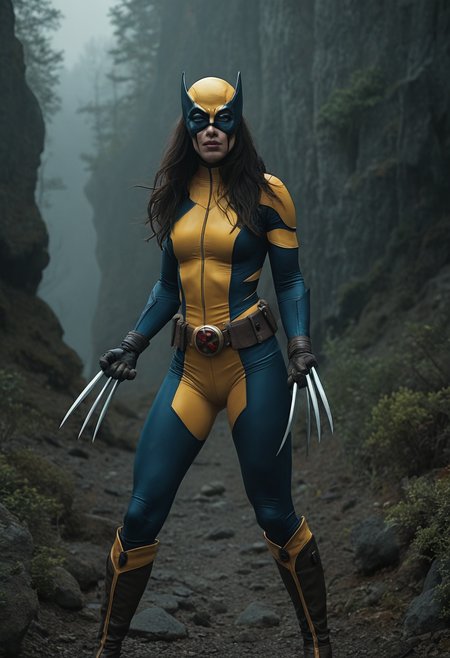 LraKinyX, long hair, mask, yellow helmet, blank eyes, bodysuit, gloves, belt, boots,weapon, claws, claw (weapon),cinematic,photorealistic,absurdres,4K,amazing color depth,vivid contrast,, masterpiece,
