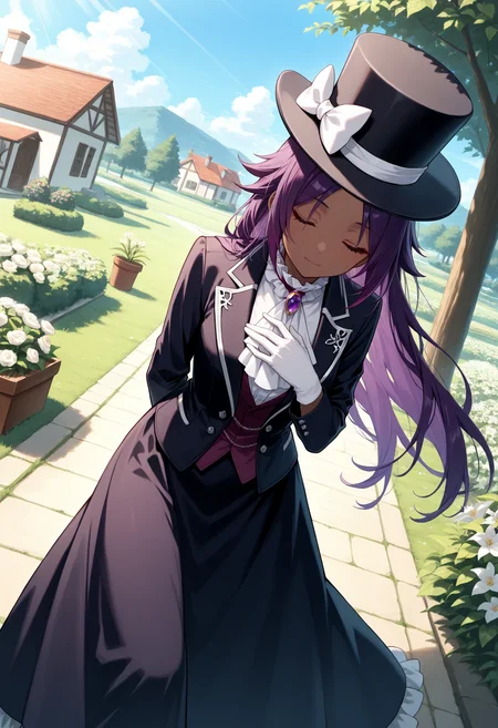 masterpiece, best quality, 1girl, solo, dark-skinned female, dark skin, purple hair, long hair, parted bangs, kodona, collared shirt, hat bow, frills, long sleeves, top hat, jacket, dress, outdoors, garden, sunlight, day, bush, leaning forward, dutch angle, ascot, frilled collar, gloves, blue sky, grass, flower, white flower, house, bowing, butler bowing, arm behind back, hand on own chest, flower pot, closed eyes, looking at viewer, light smile, closed mouth