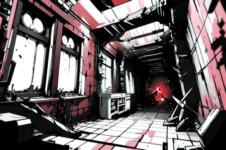 highly insanely detailed, masterpiece, top quality, best quality, highres, 4k, 8k, RAW photo, (very aesthetic, beautiful and aesthetic),  
tsutomu nihei,nihei_tsutomu,blame!,blame gakuen!,abara,TNstyle,sidonia_no_kishi,(city ruins,giant room,megastructure in background,deep horizon,stairs,tunnel,hangar,lab),wire,drainpipe,clouds,light particles,futuristic,science fiction,dystopia,destroyed,flock,dark background,cyberpunk,open space,no human,decrepit,vast scenery,perspective,empty,blm, 
<lora:ABARA:0.7>, 
(1girl:1.3), 
solo focus, 
a sink with bath with bathroom,faucet,toilet,soap,soap bottle,tiles,tile wall,tile floor,chitin bathroom,chitin a sink,chitin bath,chitin handrails,chitin window,chitin,(chitin theme:1.2),(rough jagged texture:1.3),glow,jade,chestnut glow,pure red background,pure purple background,pure pink background,(color fusion background,bold color background),âââ