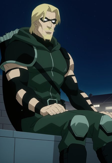 safe_pos, safe_pos, score_9, score_8_up, rating_nsfw, ultra hd, absurdres, best quality, ultra quality, masterpiece, masculine, solo, 1boy, male focus, best anatomy, best eyes, best hands, sexiest man alive, erotic, gay porn, hand with five fingers, mature male, anime screencap

DCShowcaseGA, beard, facial hair, mustache, mask, blonde hair, quiver, goatee, hood, rooftop background, night time, sitting down, Expressiveh