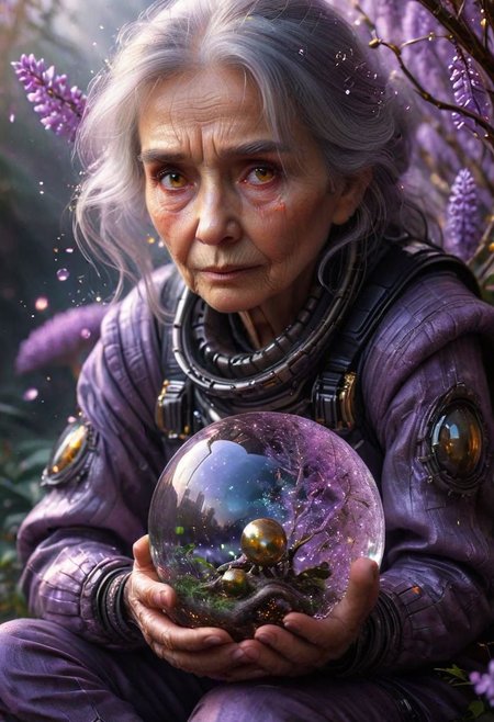 (full body shot), ((an old woman siting with her back to a space mushroom, in an intricate interstellar spacesuit holding a huge alien crystal ball, glowing, and blowing out many huge smoke rings)), (A giant snail|octopus attacking), intricate, (old:1.7), by Moebius and H. R. Giger and Stefan Martiniere and Tomer Hanuka,  hyper detailed, award winning on artstation.com,(intricate details, masterpiece, best quality:1.4), looking at viewer, dynamic pose, wide angle view, dense fog, Different shades of wisteria and grape, embellished with gold decoration, fractal art, in the style of nicola samori, Intense gaze, Bright... ,Model, expression, anthro, Rainbowiridal palette eyes, Shiny..., Bright..., Intense gaze, Fire dragon eyes, Amber cat eyes, Anthro... woman, Genetically modified..., facial expression