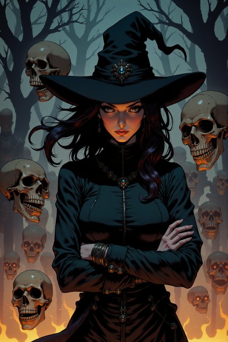 <lora:FANCHA_v.4:0.9> Fancha style.  This captivating scene centers on a dark and mysterious sorceress, her piercing gaze locking the viewer into her enigmatic presence. She wears a wide-brimmed black hat, its shadow casting a dramatic line across her intense expression. Her long, dark hair cascades down in loose waves, flowing with an almost ethereal quality, catching the subtle light of an unseen source. Clad in a dark leather coat, adorned with intricate detailing, her arms are crossed in a pose of quiet confidence, suggesting mastery over the eerie domain around her. Surrounding her are floating skulls, their hollow eyes seemingly fixed on her, as if drawn by her power. The skulls, aged and cracked, drift in the smoky air, lit from below by an ominous, fiery glow that illuminates the swirling embers and ash rising from the ground. Behind her, faint figures emerge from the shadows, skeletal warriors with swords raised in silent march, adding to the feeling of dread and supernatural command. The background is shrouded in deep blues and greys, with twisted trees and creeping fog stretching into the distance, creating a sense of foreboding and isolation. The art style leans toward a graphic novel approach, with bold outlines and a limited color palette that enhances the dark, moody atmosphere. The sharp contrasts between light and shadow create a chiaroscuro effect, with the fiery glow highlighting the textures of the sorceressâs garments and the sinister details of the skulls. The entire scene evokes a sense of arcane power and looming danger, as though the sorceress is on the verge of summoning something ancient and terrifying from the underworld.