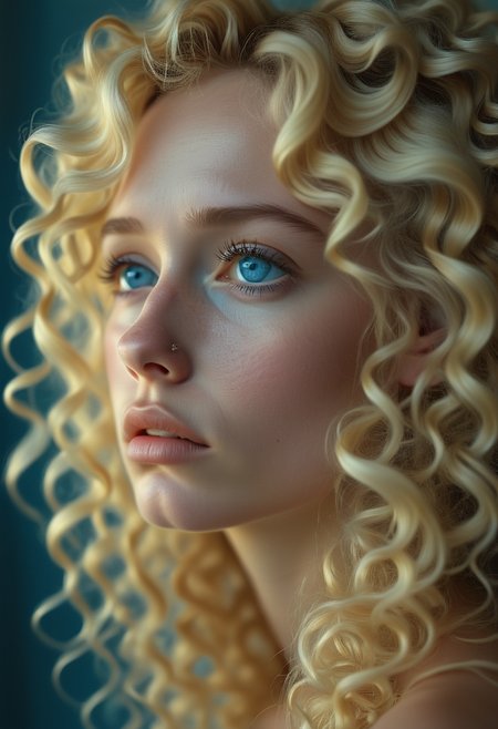 2d, A melancholic profile of a young woman with cascading blonde curls, her pale skin and sad, tear-filled blue eyes capturing a deep sense of longing, her small nose and full lips contributing to her fragile beauty., highly detailed, Shiny, Accent lighting, Turquoise, sad atmosphere <lora:usual-portrait-v2:1>