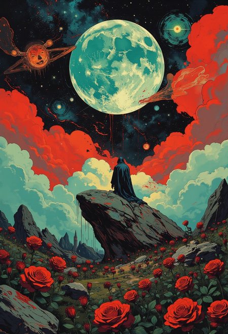 Vector art, <lora:Hyper-FLUX.1-dev-8steps-lora:0.125>, <lora:detailed city by Kanto:0.5>, detailed field,A field full of black roses during a novaburst with the sky lit up in red and teals, Stars and a nebula shining through,<lora:NeoPigma:0.35>, NeoPigma,<lora:ck-shadow-circuit:0.35>,in the style of cksc, <lora:FLUX-daubrez-DB4RZ-v2:0.3>,DB4RZ, <lora:Luminous_Shadowscape:0.3>,<lora:CPA:0.5> an air of melancholic reverie, ensconced amidst a phantasmagoric bloom of chromatic hues.((A bleeding moon with an evil face)) Rendered in a style redolent of Impressionism, the painting utilizes a vibrant, high-key palette dominated by ethereal blacks and punctuated by strokes of chrome and gold. Position the subject on a rock, suspended amidst a riotous profusion of sharp rocks,  The camera angle should be slightly low, lending an air of gentle ascension to the composition.  The background should dissolve into an abstract symphony of cold blues suggestive of a radiant, moon-drenched night. The overall ambiance should evoke a sense of ephemeral beauty, tinged with a whisper of wistfulness.  Symbolist chiaroscuro, tenebrist, volumetric lighting, subtle halation, high-contrast, film grain, lime green color grading, high dynamic range, S-curve gamma