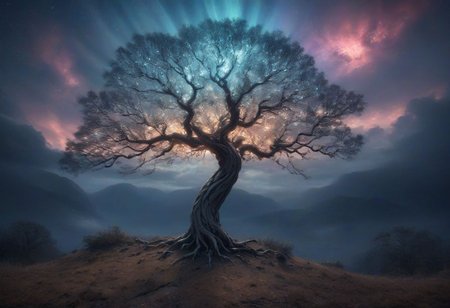 beautiful bright cloudy sky, gorgeous foreign landscape, gentle mountains, stunning trees, earth houses, iridescent back glow, strong inner bright glow, fine details, bright light, ethereal, sparkling, sharp focus