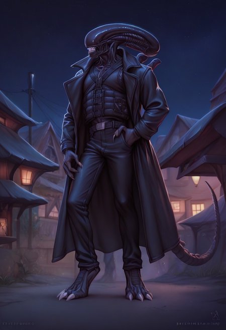 score_9, score_8_up, score_7_up, score_6_up, detailed, hi_res, detailed, colorful, realistic, high quality, score_9, score_8_up, score_7_up, score_6_up, muscular male xenomorph. leather, long coat, black coat, trench coat, (bulletproof vest:1.5), black pants, holster with gun on hip, deagle in hand black gloves, black body, digitegrate legs, barefoot, teeth, silver claws
BREAK
dark menacing town in background, night,